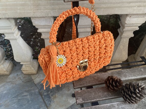 Sac femme tricoté orange, modèle de sac de créateur de luxe, sac au Crochet  d'épaule tissé à la main, sac à main en fil de style bandoulière, cadeaux -   France