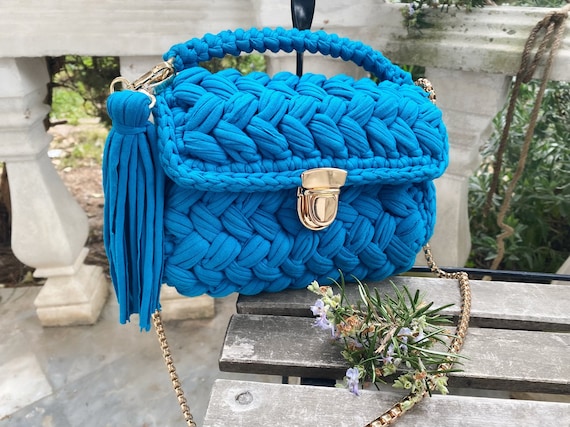 Handmade Blue Bag,  Luxury Designer Knitted Bag, Handwoven Shoulder Crochet Bag, Crossbody Styled Yarn Purse,gift