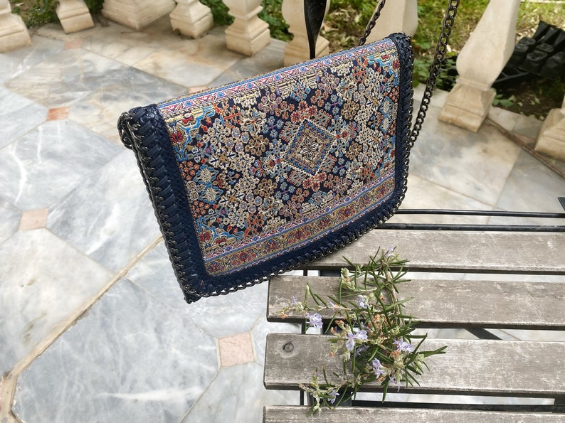 Blue Boho Metalic Fabric Kilim Bag, Turkish Kilim Bag, Authentic Vegan Leather Kilim Handbag, Kilim Bag Pattern Purse, for her, giftsgift image 8