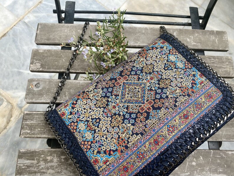 Blue Boho Metalic Fabric Kilim Bag, Turkish Kilim Bag, Authentic Vegan Leather Kilim Handbag, Kilim Bag Pattern Purse, for her, giftsgift image 3