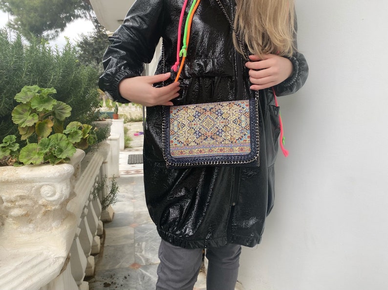 Blue Boho Metalic Fabric Kilim Bag, Turkish Kilim Bag, Authentic Vegan Leather Kilim Handbag, Kilim Bag Pattern Purse, for her, giftsgift image 7