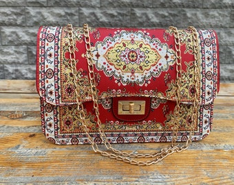 Rode boho schoudertas van kelim, luxe handtas van veganistisch leer, etsnisch wollen taspatroon, cadeau