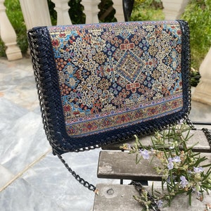 Blue Boho Metalic Fabric Kilim Bag, Turkish Kilim Bag, Authentic Vegan Leather Kilim Handbag, Kilim Bag Pattern Purse, for her, giftsgift image 1