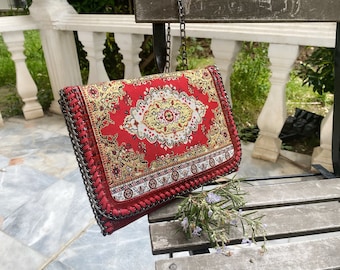 Red shoulder luxury boho metalic kilim purse, vegan leather design crossbody or handbag,gift