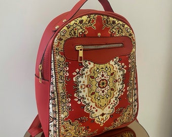 Red Boho Backpack Metalic Fabric Kilim Bag, Vegan Leather Turkish Bag ,gift