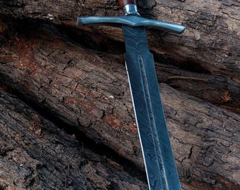 Handgjort vikingasvärd i damaskusstål, replikasvärd för medeltida nordiskt svärd med läderslida, samlarpresent, present till honom, jubileumspresent