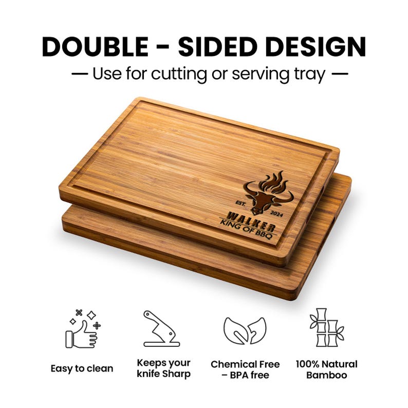 a wooden cutting board with a double-sided design, which is described as a "Double-sided design" and "Use for cutting or serving tray". The cutting board is made of bamboo and has a logo on it. The image also includes some text and icons that provide information about the cutting board, such as "Chemical Free", "BPA free", "Easy to clean", "Knife Sharp", and "100% Natural Bamboo".