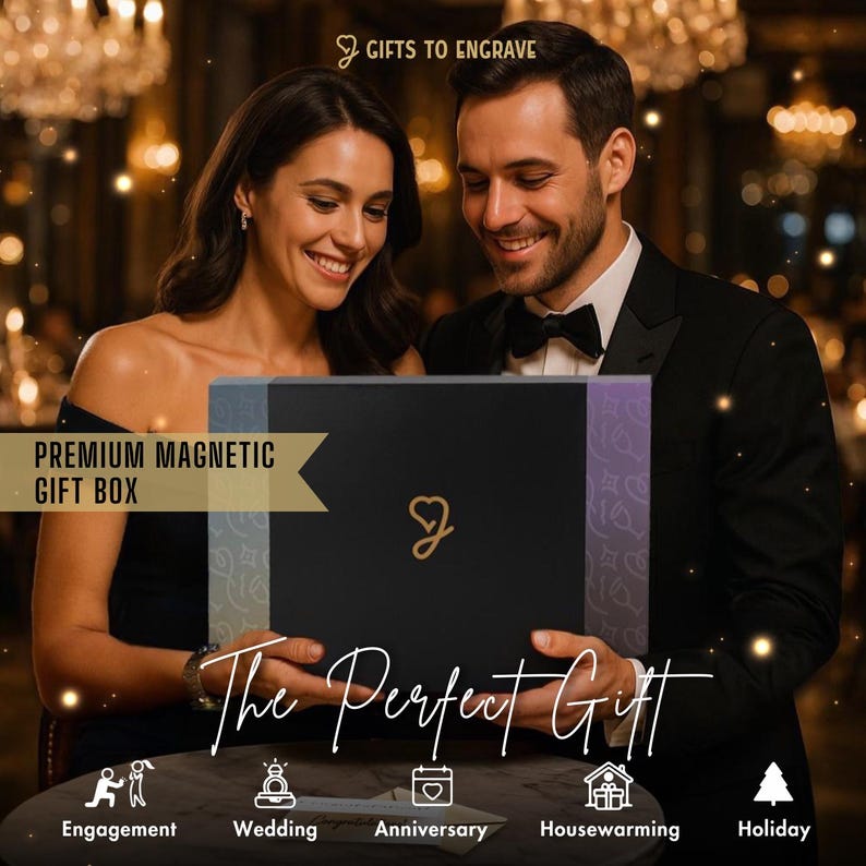 Personalized wedding gift for couple, couple is holding the premium magnetic gift box, smiling at their new wedding gift they just received for Christmas gifting