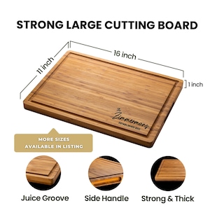 great cutting board large engraving strong and thick side handle juice grove measures 16 inch by 11 inch by 1 inch bamboo high quality extra large big space easy to wash carbonized nice color with  sentimental gifts for parents
personalized block