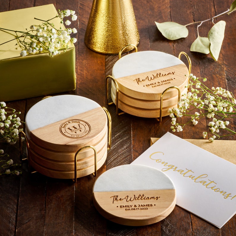 Custom Engraved Marble Wood Coasters, Housewarming Gift, Wedding Gift, Personalized Valentines Couple Gift, Engagement Gift, Gift for Her