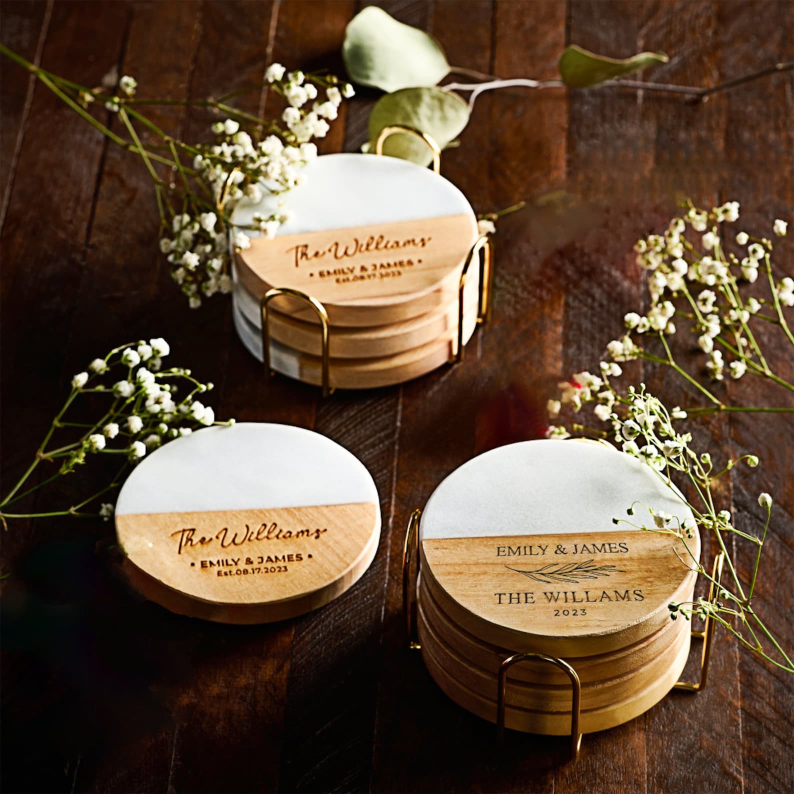 Personalized Wedding Gift, Coaster Set for Couples, Custom Wood Anniversary Christmas Gift for Her, Engagement, Bridal Shower, New Home - Set of 4 + Gold Stand, Design 1