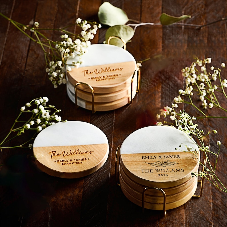 Wedding Gift Personalized Coasters Set, Custom Wood Engraved Anniversary Gift for Her, Engagement, Bridal Shower, New Home, Valentines Gift,