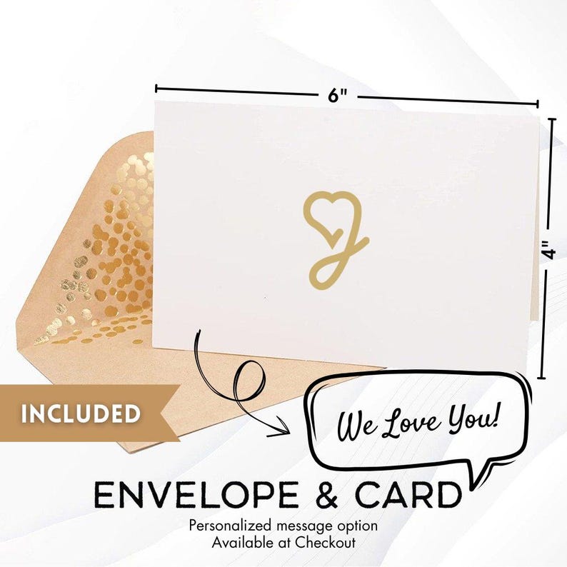 a personalized message option for an envelope and a card, with a gold heart symbol and the text "We Love You!" The image includes a gold heart symbol on the card and a speech bubble containing the text "We Love You!" The image also includes a scale indicating the size of the card and the envelope.