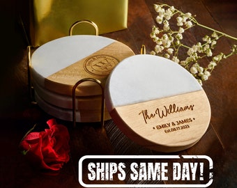 Custom Engraved Marble Wood Coasters, Housewarming Gift, Wedding Gift, Personalized Valentines Couple Gift, Engagement Gift, Gift for Her