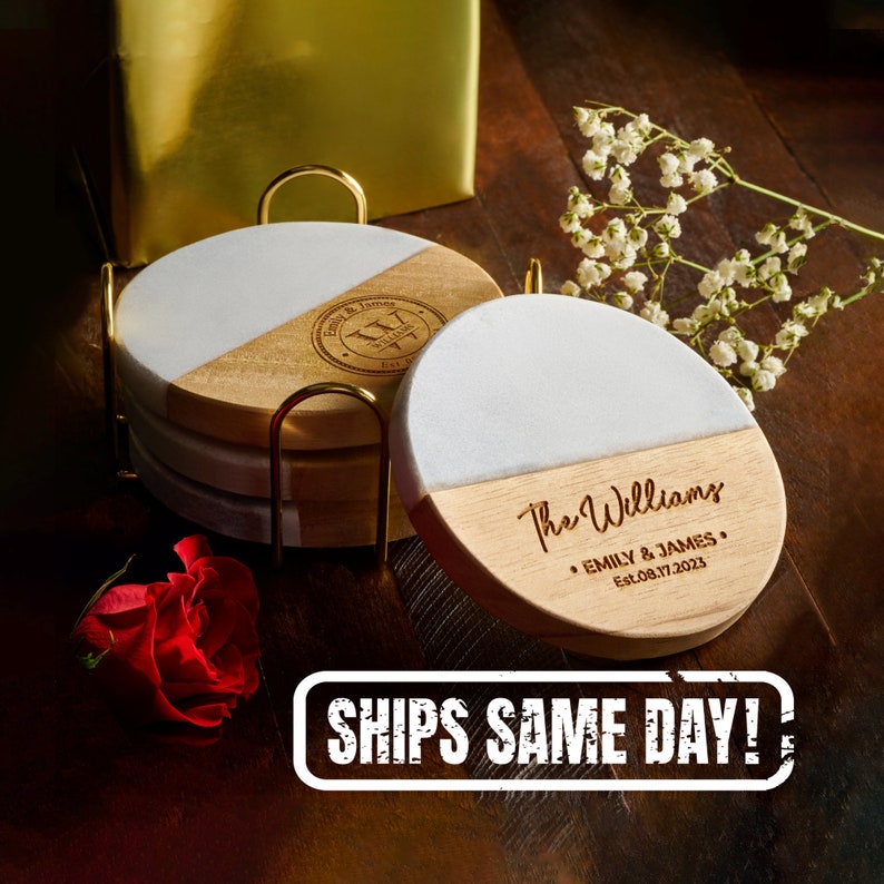 Custom Engraved Marble Wood Coasters - Set of 4 with Gold Stand