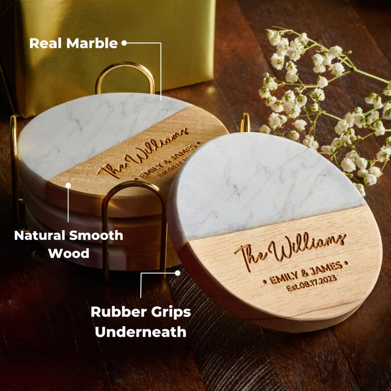 Wedding Gift Personalized Coasters Set, Custom Wood Engraved Anniversary Gift for Her, Engagement, Bridal Shower, New Home, Valentines Gift,