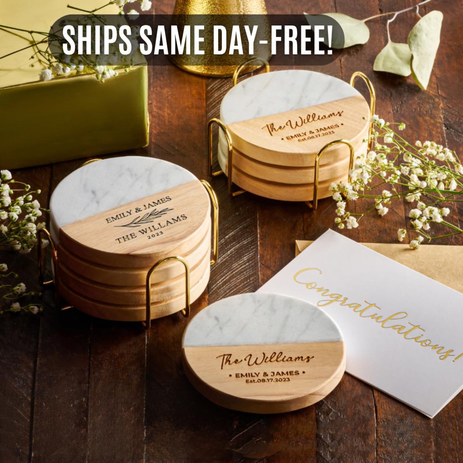 Personalized Wedding Gift, Coaster Set for Couples, Custom Wood Anniversary Christmas Gift for Her, Engagement, Bridal Shower, New Home - Set of 4 + Gold Stand + Gift Box - BEST SELLER