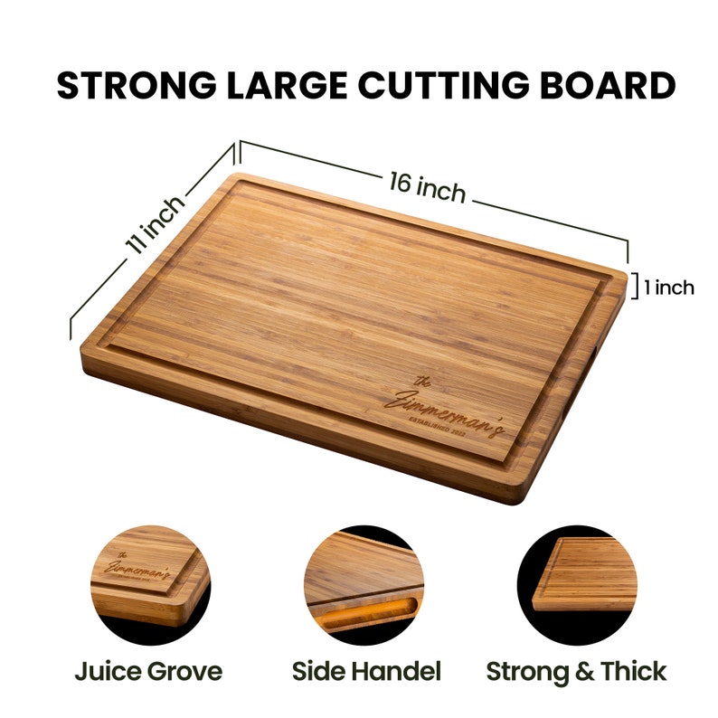 great cutting board large engraving strong and thick side handle juice grove measures 16 inch by 11 inch by 1 inch bamboo high quality extra large big space easy to wash carbonized nice color with  sentimental gifts for parents
personalized block