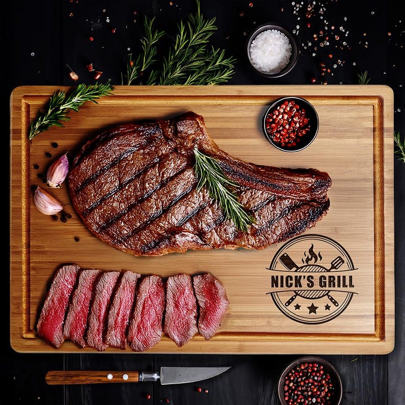 a large, well-cooked steak on a wooden cutting board, accompanied by various seasonings and garnishes.