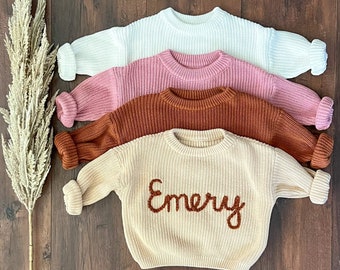 Custom Embroidered Baby and Toddler Sweater | Embroidered Oversized Chunky Kids Sweater | Baby Name Announcement | Baby Toddler Kids Gift