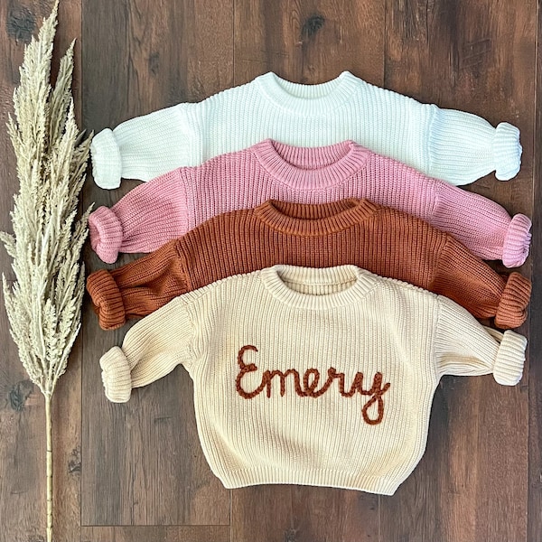 Custom Embroidered Baby and Toddler Sweater | Embroidered Oversized Chunky Kids Sweater | Baby Name Announcement | Baby Toddler Kids Gift