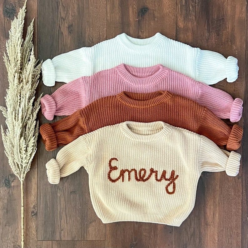 Custom Embroidered Baby and Toddler Sweater Embroidered Oversized Chunky Kids Sweater Baby Name Announcement Baby Toddler Kids Gift image 1