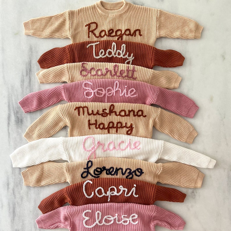 Custom Embroidered Baby and Toddler Sweater Embroidered Oversized Chunky Kids Sweater Baby Name Announcement Baby Toddler Kids Gift image 5