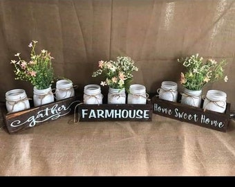 wood mason jar centerpieces with flowers