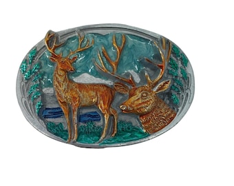 Vtg Hunting Western Belt Buckle Buck Deer Stag Hunter Mountain