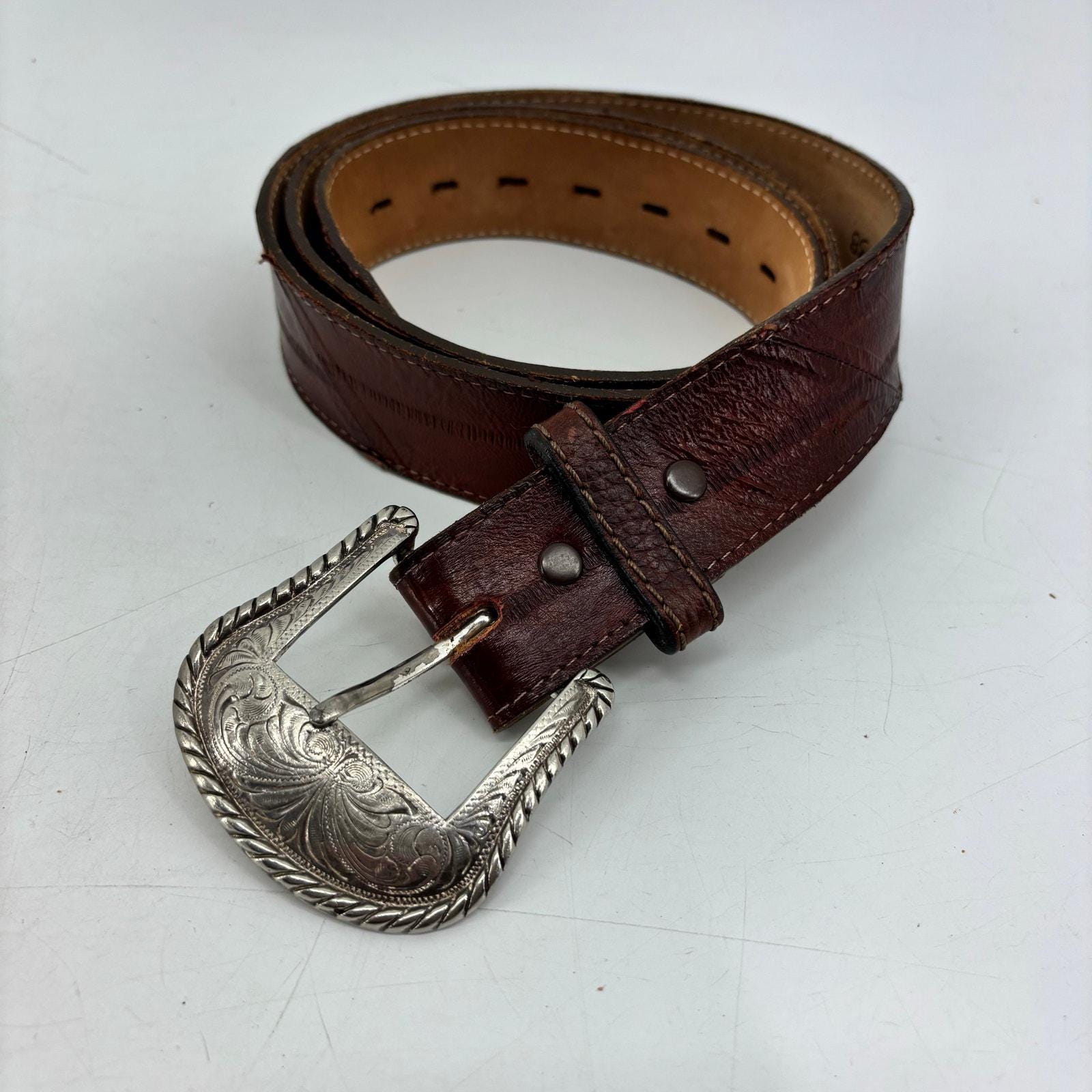 Vintage Eel Skin‎ Leather Belt Brown Exotic Dress Unisex Mens Womens M / L 36 Vintage Black Genuine Eel Skin Belt Sz 36 Korea Made 4047  main image 4