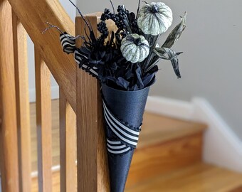 Sparkly Black Paper Floral Pew Cone for Stairway Banister