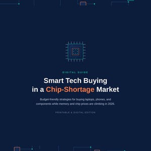 Könnte beinhalten: Ein dunkelblaues digitales Handbuch mit dem Titel Smart Tech Buying in a Chip-Shortage Market. Es zeigt ein zentrales Mikrochip-Symbol, hellblaue Schaltkreis-Muster und Text über budgetfreundliche Strategien für den Tech-Kauf im Jahr 2026.