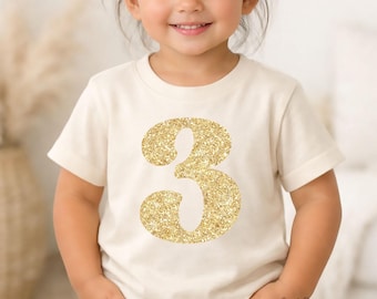 Gold Glitter 3rd Birthday Shirt, Toddler Girl Outfit, Third Birthday Party Tee