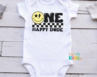 One Happy Dude Baby Bodysuit, Retro Smiley Face 1st Birthday Outfit