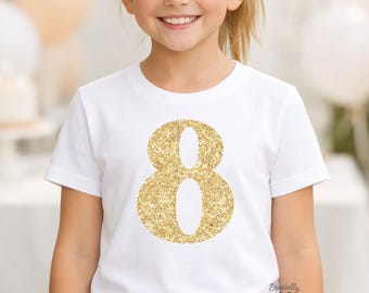 Girls Gold Glitter 8th Birthday Shirt, Kids Age 8 Outfit