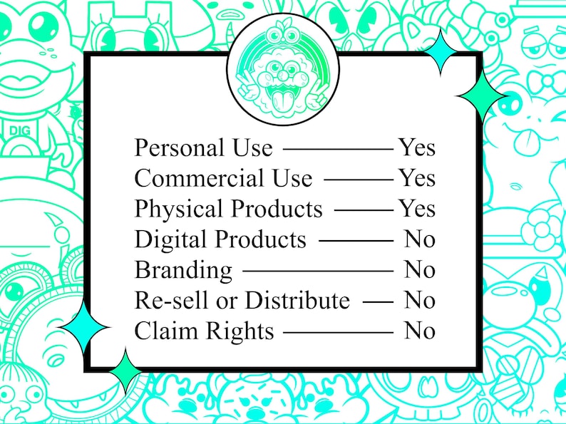 May include: A black and white graphic with a list of terms and conditions for use. The terms include personal use, commercial use, physical products, digital products, branding, re-sell or distribute, and claim rights. Each term has a check box next to it with a "Yes" or "No" written in.