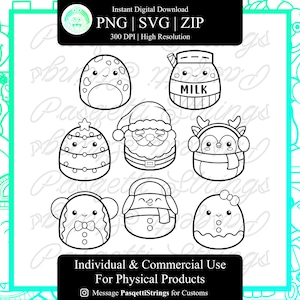 May include: Set of eight black and white outline illustrations of cute cartoon characters. The characters include a snowman, a penguin, a gingerbread person, a milk carton, a Christmas tree, a Santa Claus, a reindeer, and a spotted character.