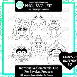 May include: A digital file set featuring five black and white line art character ornaments. The text reads: Instant Digital Download, PNG | SVG | ZIP, 300 DPI | High Resolution, LIMITED EDITION 5/5, Individual & Commercial Use For Physical Products.