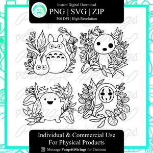 May include: Four black and white illustrations of characters from the movie 'My Neighbor Totoro' surrounded by flowers and leaves. The characters are Totoro, No Face, and two smaller characters.