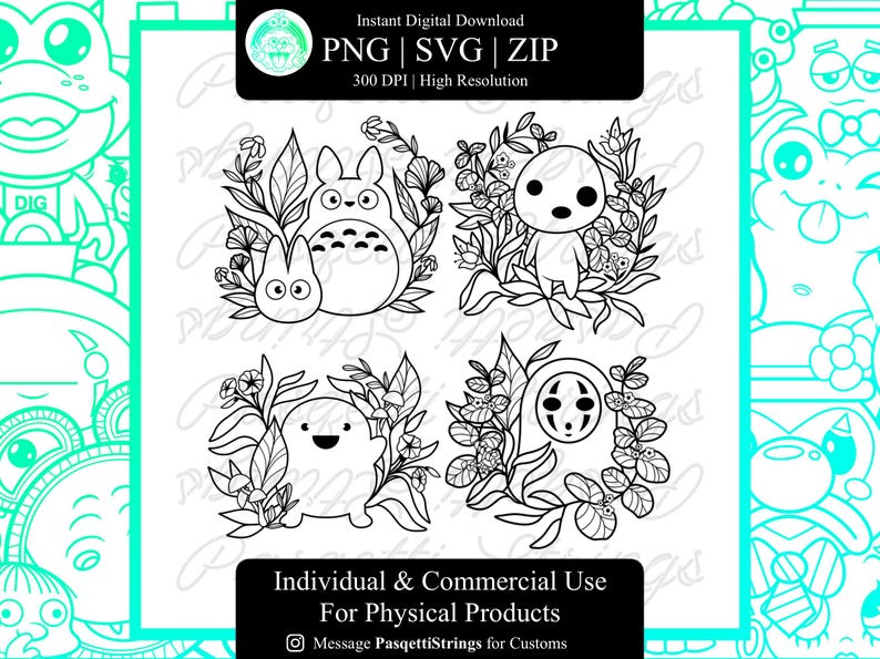 May include: Four black and white illustrations of characters from the movie 'My Neighbor Totoro' surrounded by flowers and leaves. The characters are Totoro, No Face, and two smaller characters.