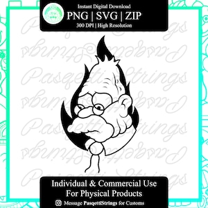 Könnte beinhalten: Schwarz-weiße Cartoon-Illustration eines Mannes in Flammen. Das Bild enthält den Text "Instant Digital Download PNG | SVG | ZIP 300 DPI | High Resolution" und "Individual & Commercial Use For Physical Products".