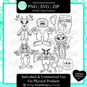 Op de afbeelding: Zwart-witte lijntekeningen van verschillende cartoonmonsters, waaronder een yeti, een wezen met gewei, een vleermuis en een wezen met tentakels. De illustraties zijn geschikt voor gebruik in knutselprojecten, scrapbooking of digitaal ontwerp.