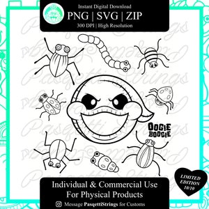 May include: Black and white line art clip art set of various bugs, a worm, and a smiling ghost with the text "Oogie Boogie".