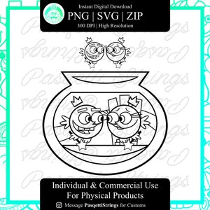 Puede incluir: Ilustración en blanco y negro de línea de arte de dos peces de dibujos animados en una pecera. Los peces tienen coronas en la cabeza y se miran. La pecera es redonda y tiene un borde.