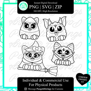 May include: Four black and white line art illustrations of cute cartoon characters dressed in Halloween costumes. The characters are a witch, a vampire, a ghost, and a monster.