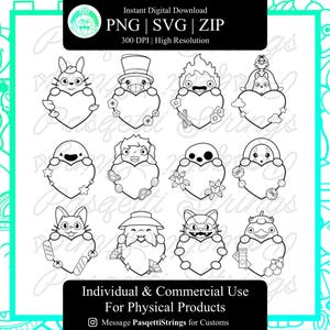 Puede incluir: Descarga digital en blanco y negro con varios personajes de dibujos animados sosteniendo marcos en forma de coraz&oacute;n. La imagen incluye el texto: "Instant Digital Download PNG | SVG | ZIP 300 DPI | High Resolution" y "Individual & Commercial Use For Physical Products".