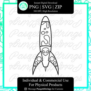 May include: Black and white line art illustration of a rocket ship with a lava lamp design. The rocket ship has a round body with a pointed nose and fins. The lava lamp design is inside the body of the rocket ship. The rocket ship is flying upwards.