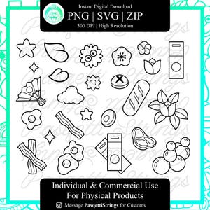 Puede incluir: Ilustraciones en blanco y negro de varios alimentos y elementos decorativos, incluyendo estrellas, flores, nubes y alimentos para el desayuno. La imagen incluye el texto "Descarga digital instant&aacute;nea" y "Uso individual y comercial para productos f&iacute;sicos."