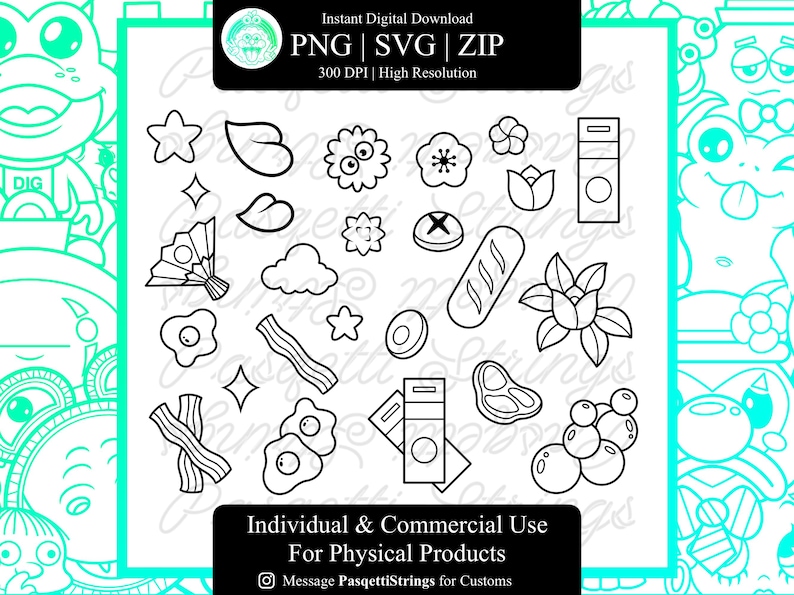Puede incluir: Ilustraciones en blanco y negro de varios alimentos y elementos decorativos, incluyendo estrellas, flores, nubes y alimentos para el desayuno. La imagen incluye el texto "Descarga digital instant&aacute;nea" y "Uso individual y comercial para productos f&iacute;sicos."
