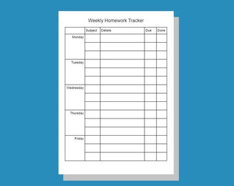 Può includere: Un tracker settimanale di compiti da stampare in bianco e nero con colonne per la materia, i dettagli, la scadenza e completato. Il tracker ha spazio per ogni giorno della settimana, dal lunedì al venerdì.